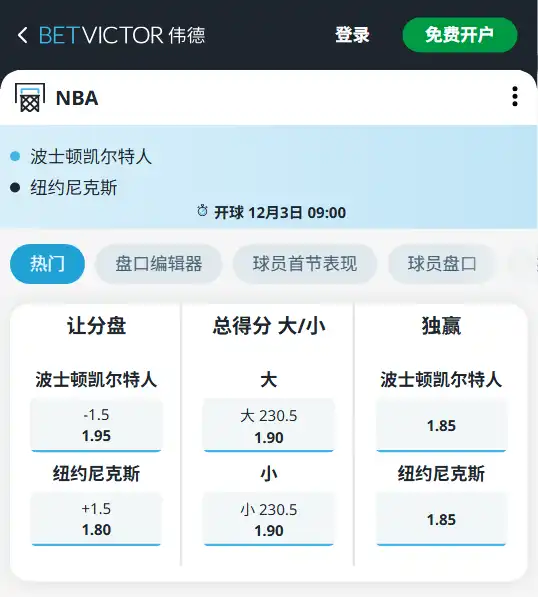 尼克斯vs凯尔特人-NBA博彩赔率和盘口信息-伟德(betvictor)提供